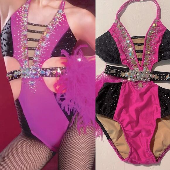 Glamour solo dance costume hot pink sassy embellished bling LC-large child/XLC - Picture 1 of 11